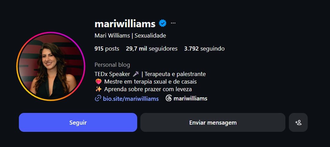 Perfil @mariwilliams no Instagram